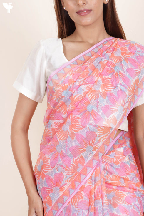 Kota Doria Saree In Floral Block Print
